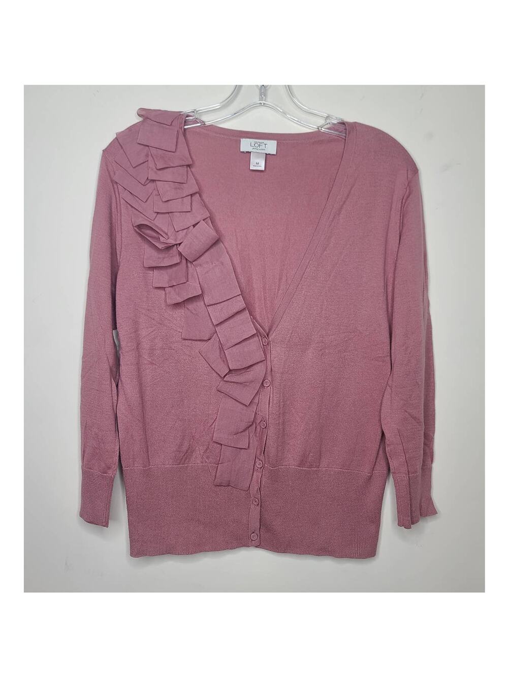 Ann Taylor Loft dusty rose pima cotton ruffle neck cardigan sweater - medium